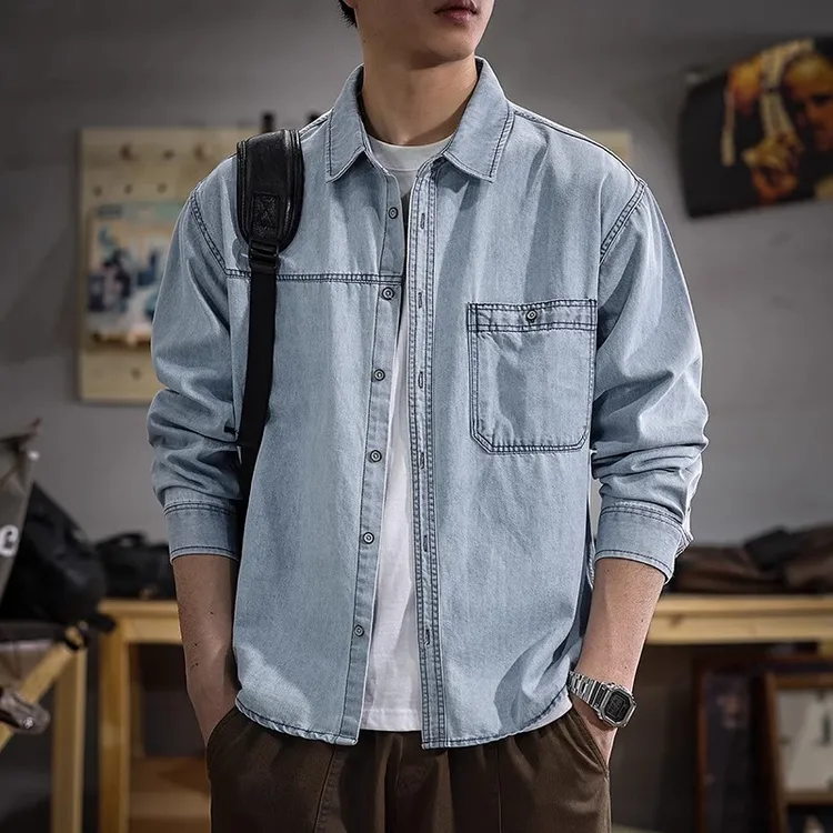 2025春季新款美式复古重磅水洗工装男士牛仔衬衫潮牌百搭衬衣外套