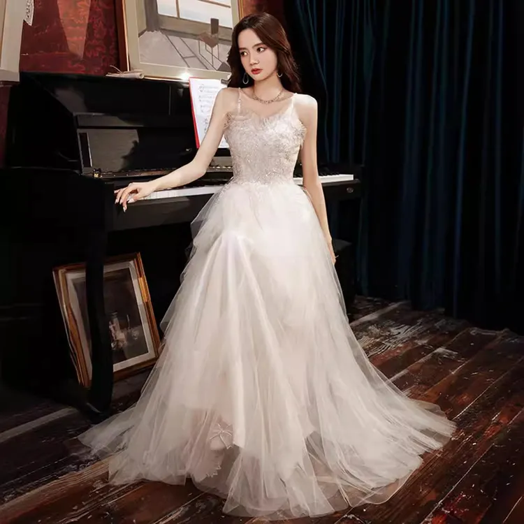 新款高端晚礼服洋气女主持人女童婚服婚礼订婚坠地公主裙长裙