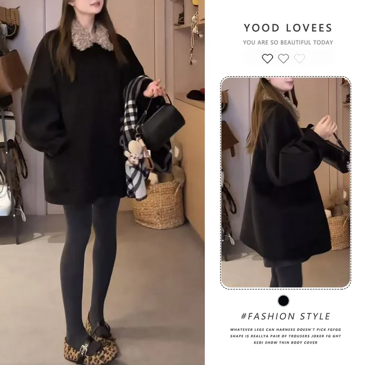 时尚简约撞色拼接短款外套2025秋冬新款高贵气质宽松中长款外套