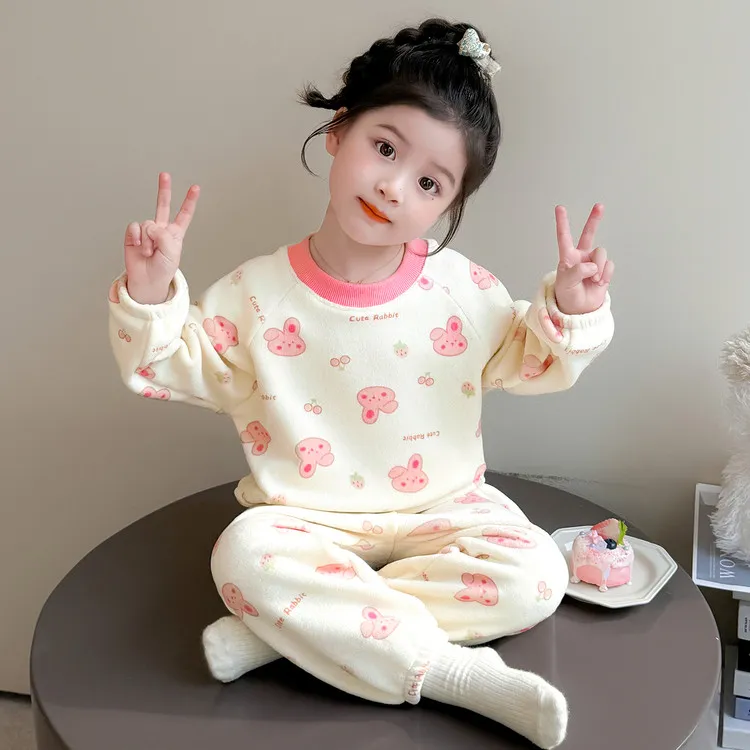 女童睡衣秋冬款加厚奥粒绒小女孩宝宝洋气冬季儿童加绒家居服套装