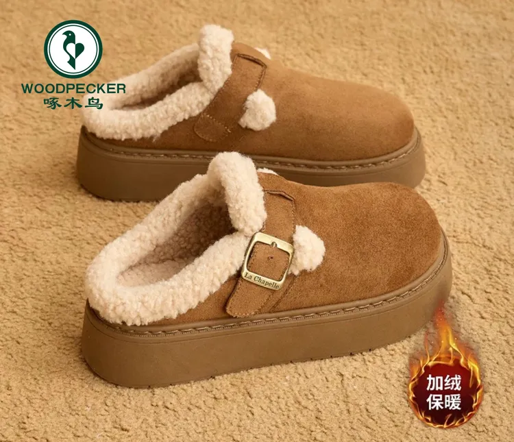 啄木鸟加绒包头勃肯鞋女外穿2025新款厚底防滑复古博肯毛毛半拖鞋