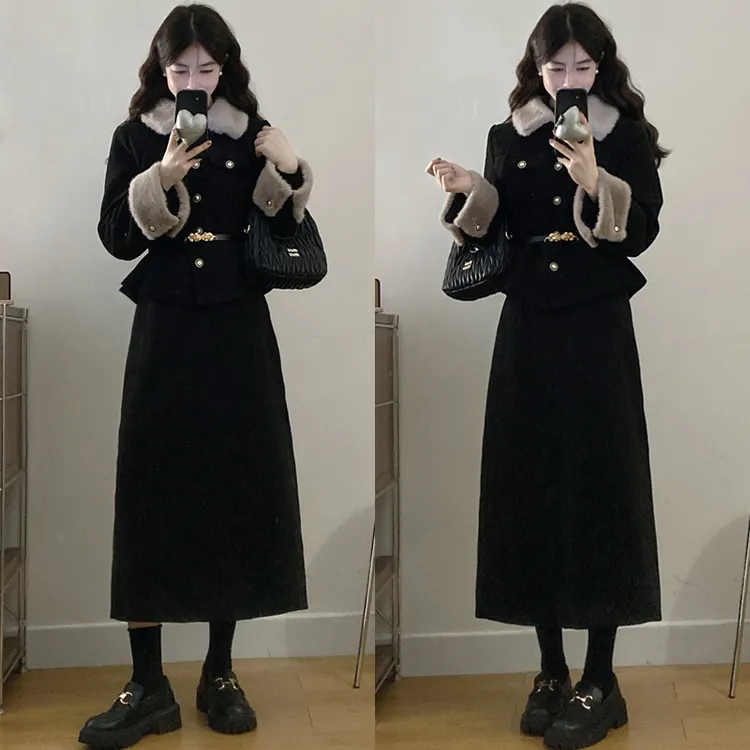 大码胖mm冬季新款显瘦时髦高级感毛领外套腰带半身裙夹棉套装女