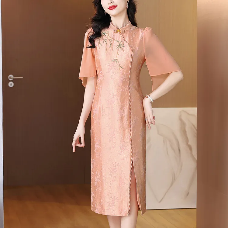 yqwl5618喜婆婆婚宴礼服装2025夏季新款喇叭袖优雅长款印花连衣裙