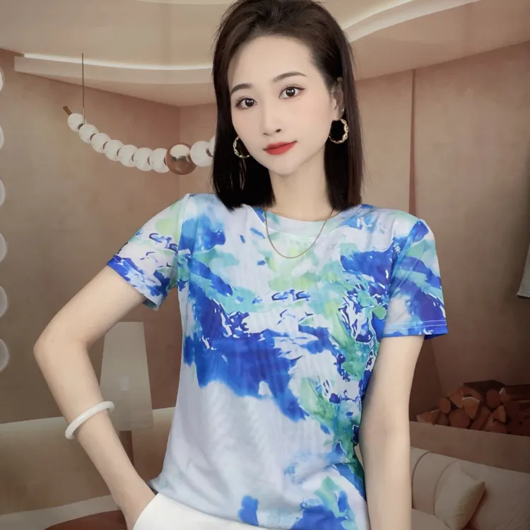 2025夏季新款时尚百搭显瘦气质肌肤纱短袖圆领T恤印花上衣A074