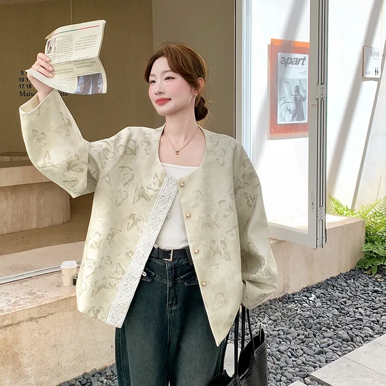 国风高级感提花短外套女2025春秋新款新中式蝴蝶印花休闲圆领上衣