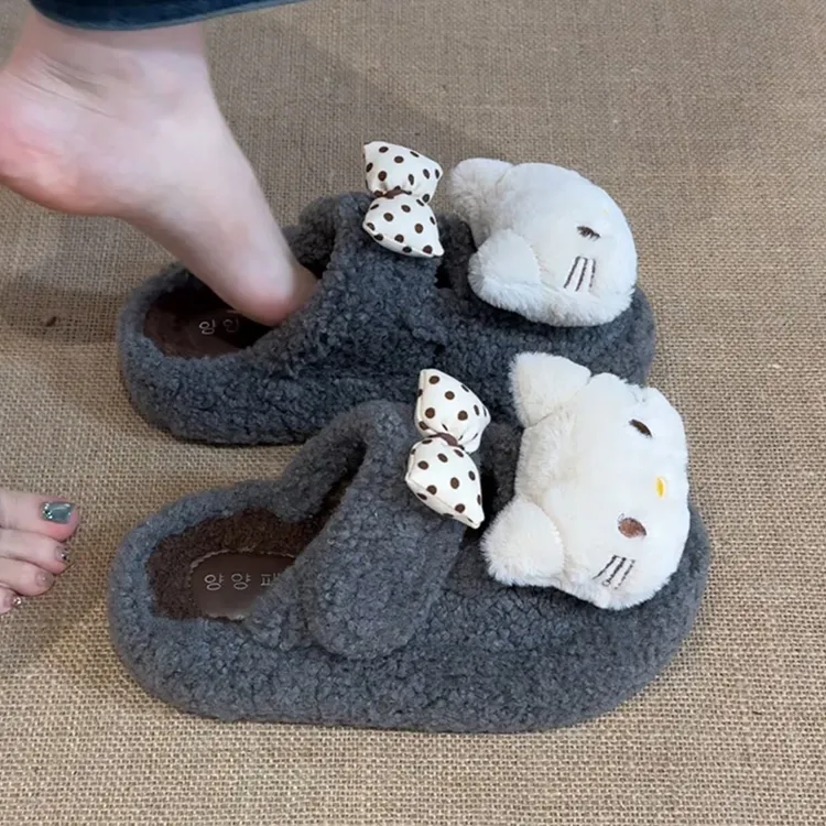 可爱卡通KT猫毛毛拖鞋女2025秋冬新款外穿保暖防滑居家包头棉拖鞋