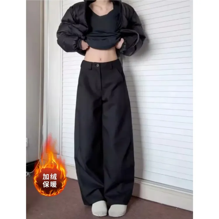秋冬加绒加厚褶皱弯刀黑色西装裤女高级感简约百搭显瘦阔腿镰刀裤