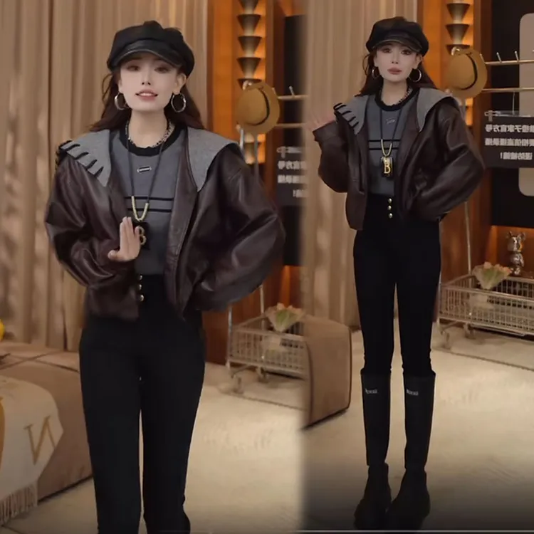 拉夏贝尔皮衣短外套女秋季新款洋气宽松显瘦海军领休闲PU皮夹克