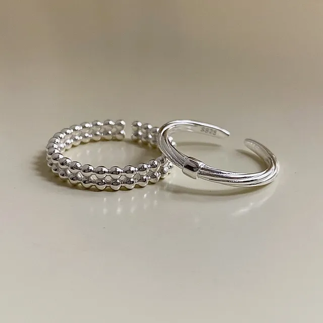 925银戒指 925银细戒指女麻花豆豆指环双层圆珠食指戒叠戴小众