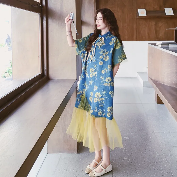 新中式国风气质减龄套装2025夏季新款女网纱拼接盘扣牛仔旗袍裙