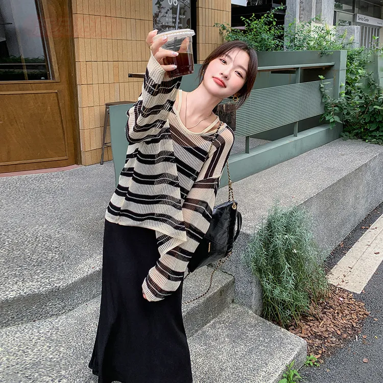 春夏慵懒薄针织T恤吊带裙条纹套装裙显瘦两件套舒适透气裙子上衣
