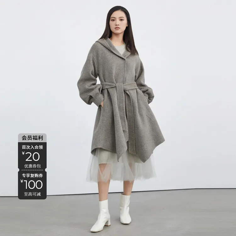 S·DEER圣迪奥女装绵羊毛毛呢外套不规则中长款连帽大衣S224Z2503