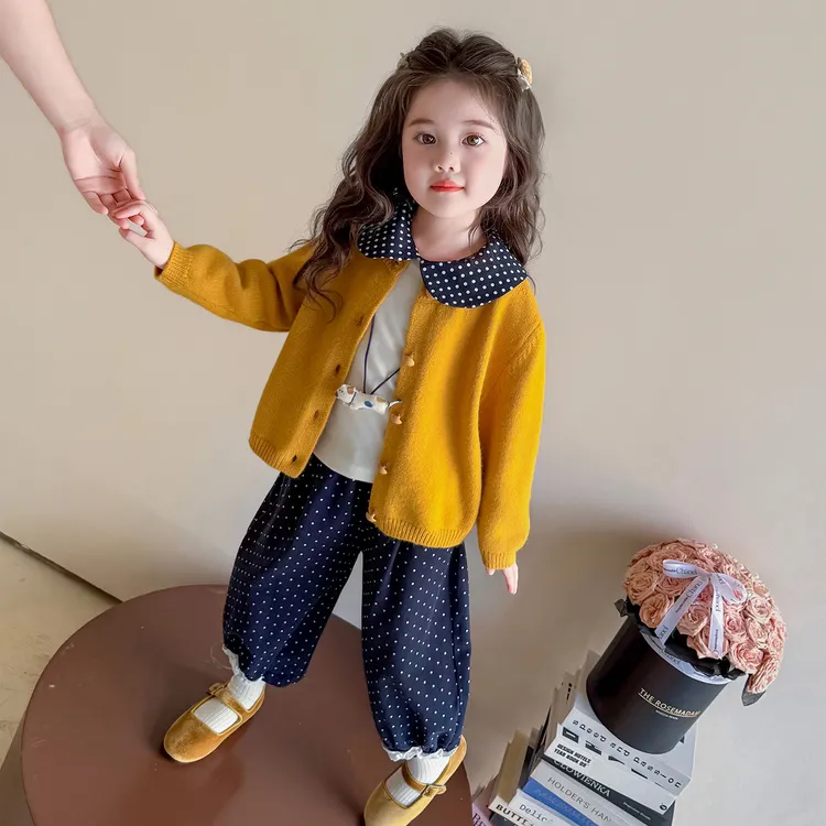 女童韩版针织毛衣外套套装2025秋季儿童洋气女孩直筒阔腿裤两件套