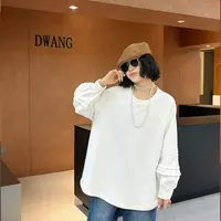 大码女装圆领拼接长袖上衣胖妹妹260斤巨显瘦泡泡袖宽松T恤冬季款