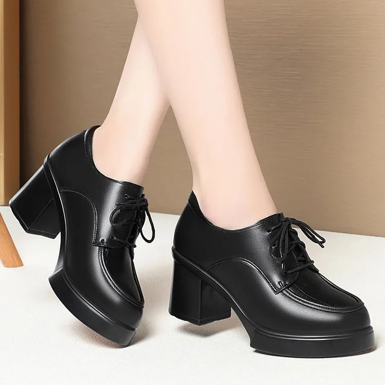 【万达撤柜】软皮气质高跟单鞋女2025年新款春秋系带深口粗跟厚底