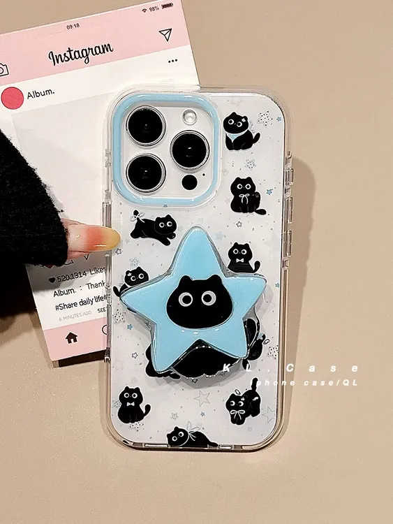 趣味星星满屏黑猫适用苹果16Promax大孔手机壳vivo华为oppo小米15