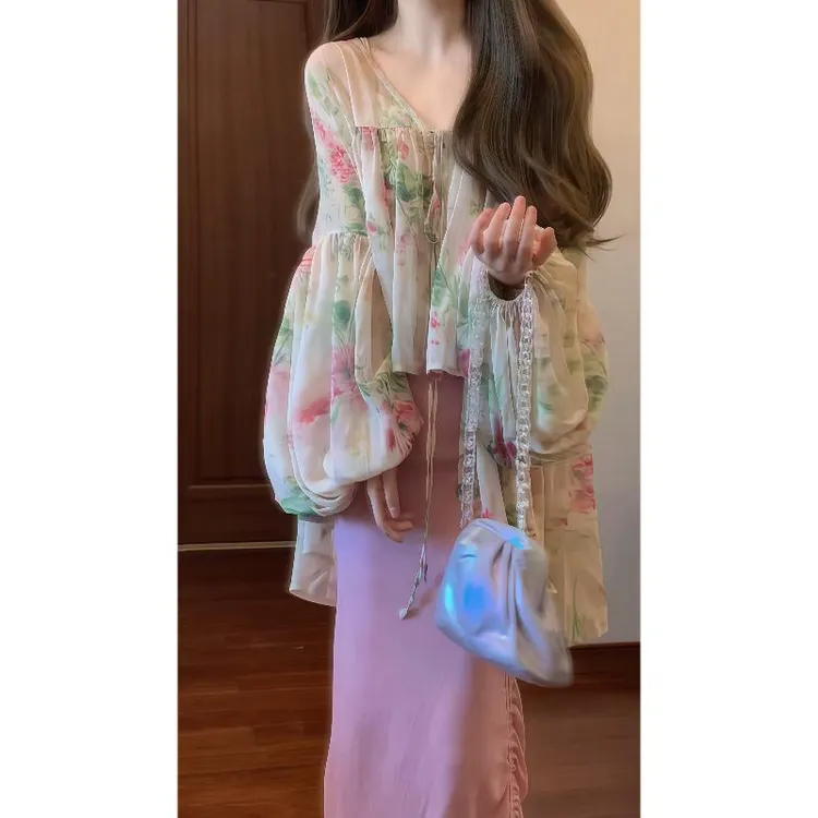 春夏国风新中式印花舒适开衫&浪漫粉色抽褶吊带裙9011