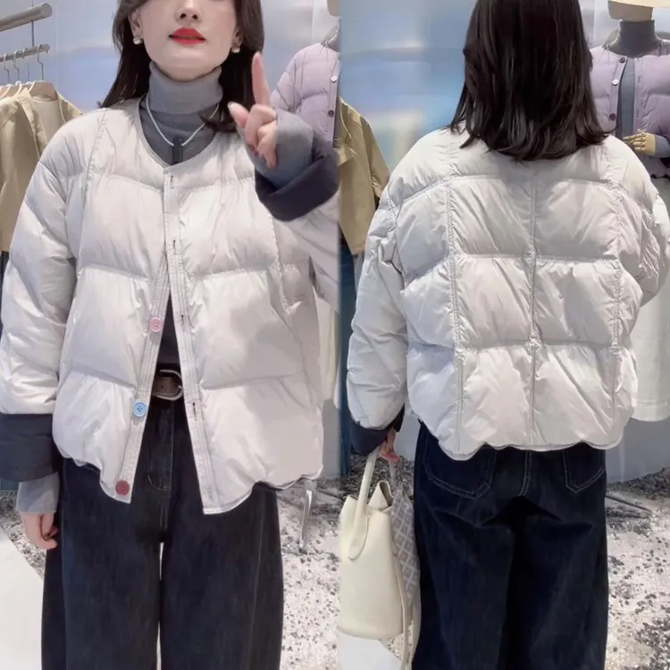 百搭休闲韩版圆领纽扣设计宽松加厚棉衣冬季新款保暖时尚纯色棉服