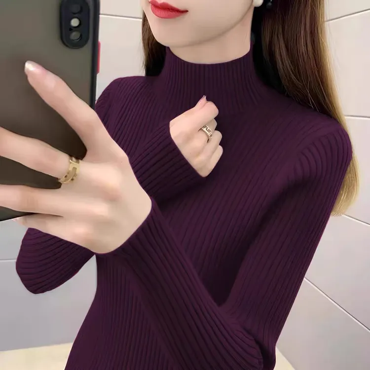 半高领毛衣女秋冬2025新款内搭高贵紫色打底衫气质感显瘦针织上衣