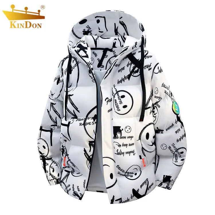 冬季潮流中长款棉衣时尚印花连帽大码男装加肥宽松保暖棉服外套