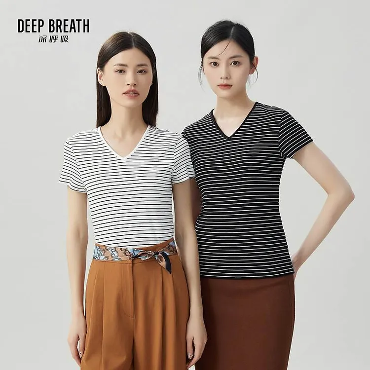 DEEP BREATH深呼吸品质女装简约条纹休闲短袖T恤上衣A301159