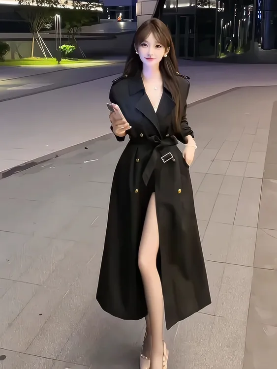 气质名媛系带收腰风衣外套女2025开春新爆款高级感中长款过膝大衣