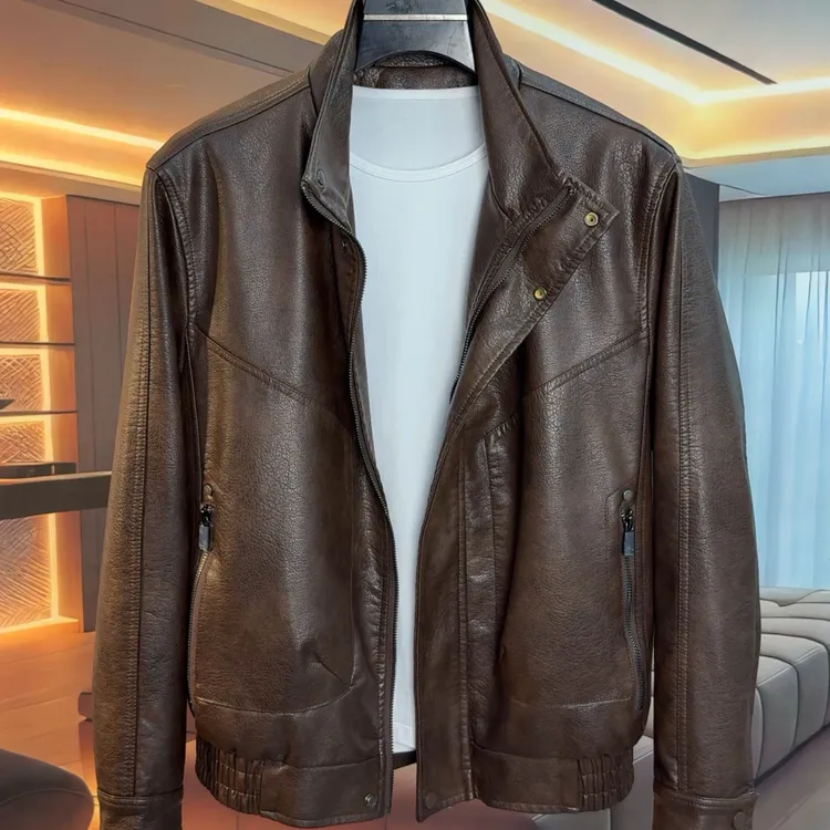 秋季简约休闲男士纯色防风立领PU皮夹克长袖外套