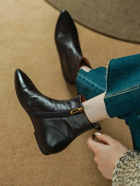 羊皮2025短靴冬尖头平底单靴瘦瘦靴英伦风复古女牛皮瘦瘦靴