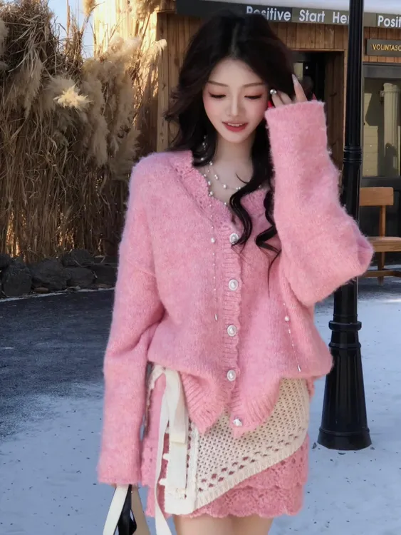 秋冬穿搭一整套女韩系温柔风甜美减龄针织开衫搭配屁帘短裙两件套