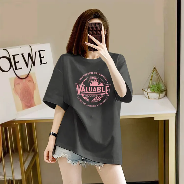 100%纯棉短袖t恤女夏季2025新款韩版印花大码中长款体恤上衣女潮