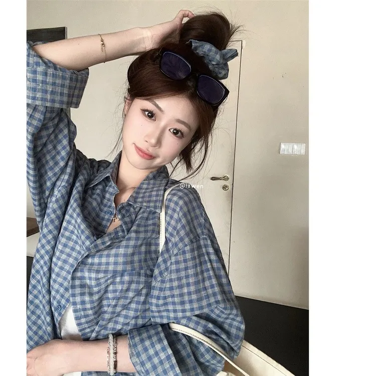 纯棉 格子衬衫外套女秋款甜美宽松衬衣长袖休闲百搭上衣【送发圈】