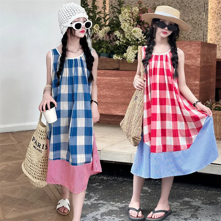 女童连衣裙夏2025新款女大童夏装格子背心裙小女孩夏季气质沙滩裙