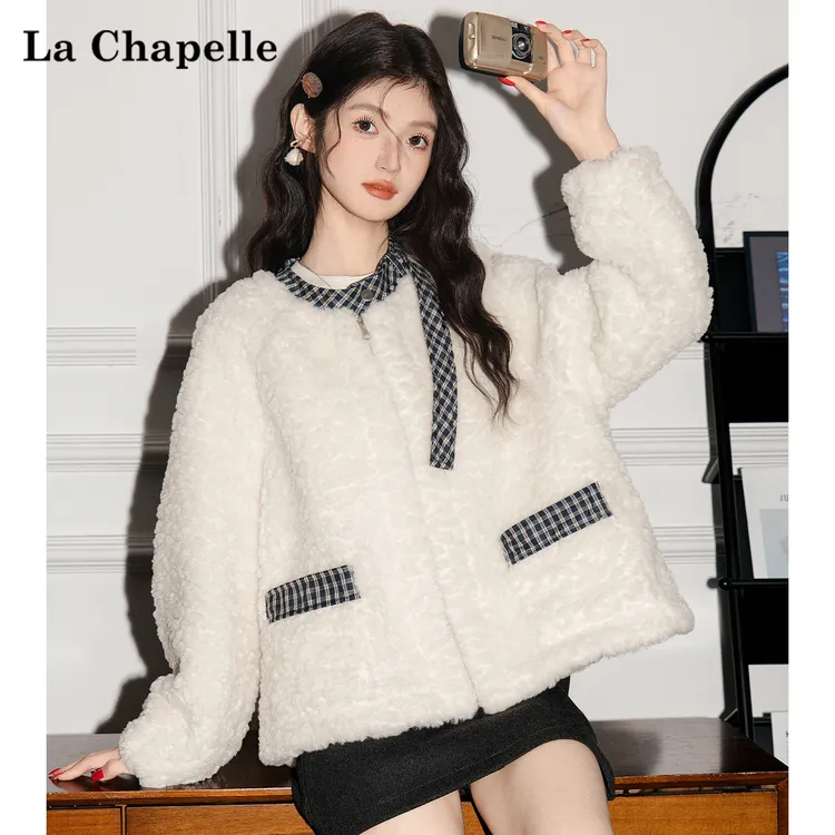 拉夏贝尔加厚小香风羊羔毛外套女冬季宽松设计感小个子羊羔绒上衣