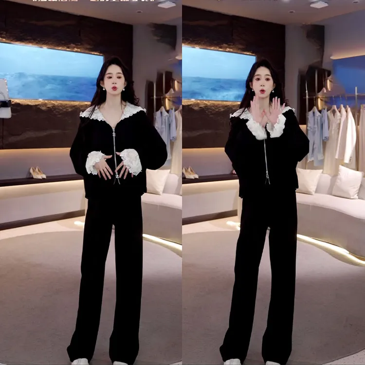 网红爆款休闲运动套装春秋季韩版炸街减龄蕾丝连帽卫衣阔腿裤套装