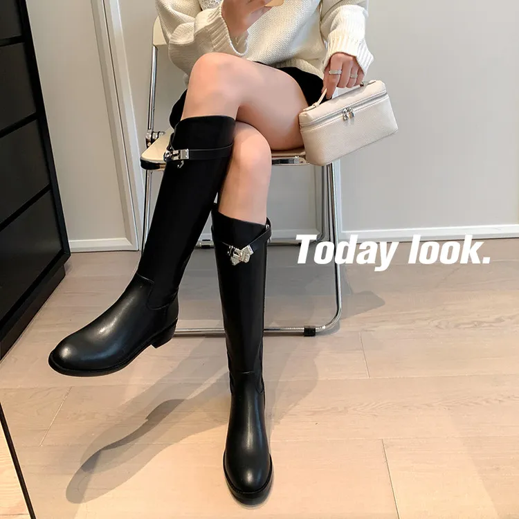 显瘦长靴2025秋冬新款真皮高筒女靴子小个子骑士靴长筒中跟瘦瘦靴