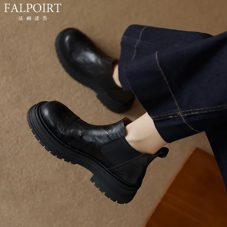 FALPOIRT真皮圆头切尔西短靴女英伦风厚底及裸马丁靴秋冬新款加绒