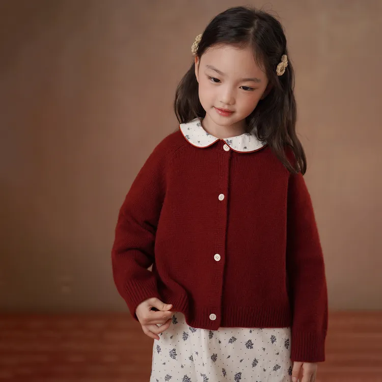 哈齿童装秋冬儿童针织开衫休闲宽松酒红色毛衣女童羊毛衫新年内搭