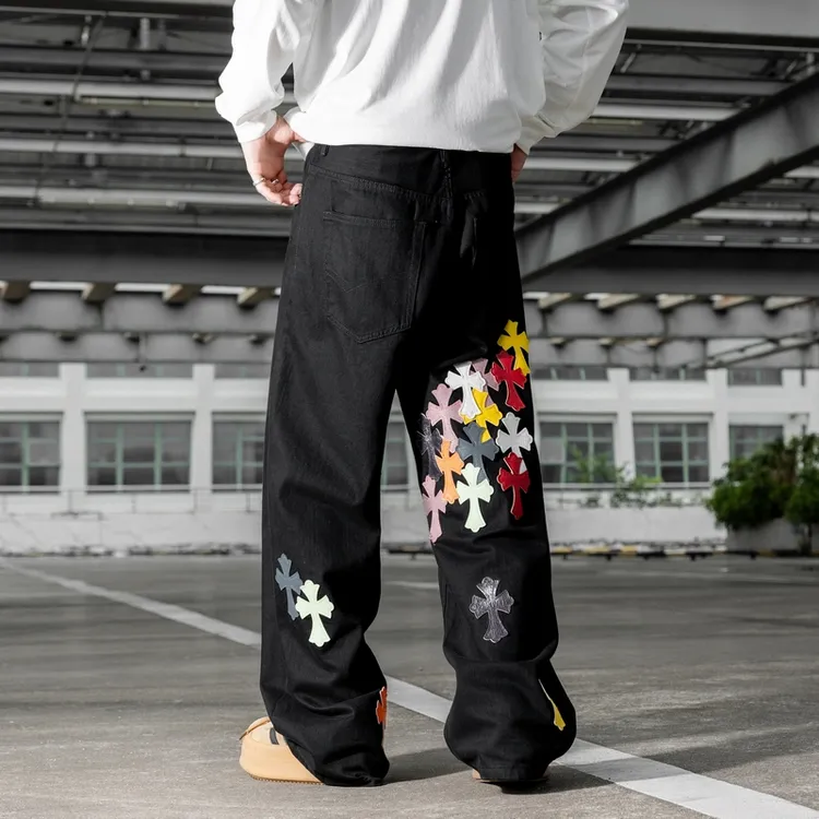 巴黎风格美式高街风十字架刺绣贴皮直筒牛仔裤男宽松长裤潮牌炸街