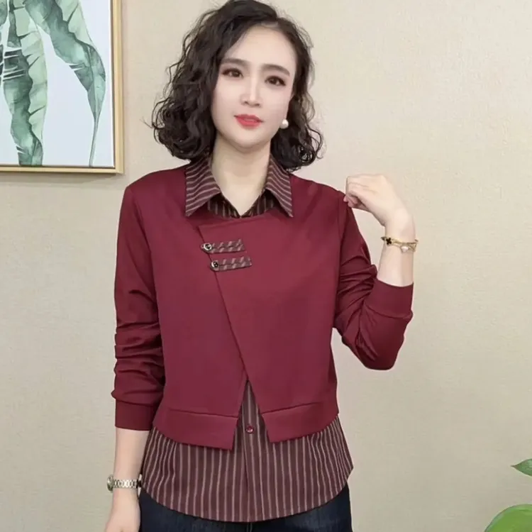 气质翻领女装时尚套装假两件早秋休闲风拼接显瘦洋气长袖#6568