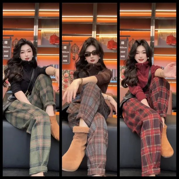 【芳雅】加绒加厚欧韩版复古简约百搭格子毛呢显瘦哈伦九分裤25501