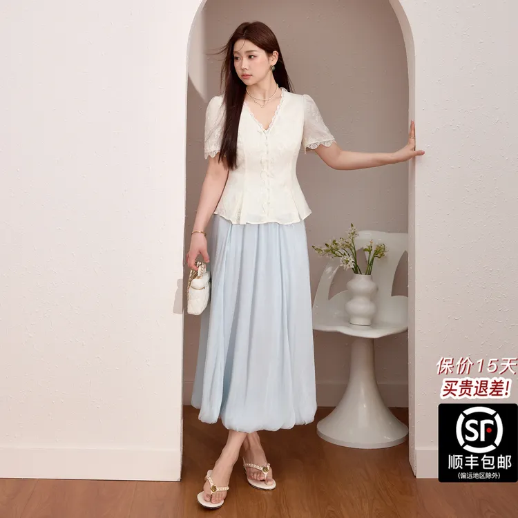 大码女装优雅重工绣花加大加宽短袖小衫夏高腰a字半身裙新款套装