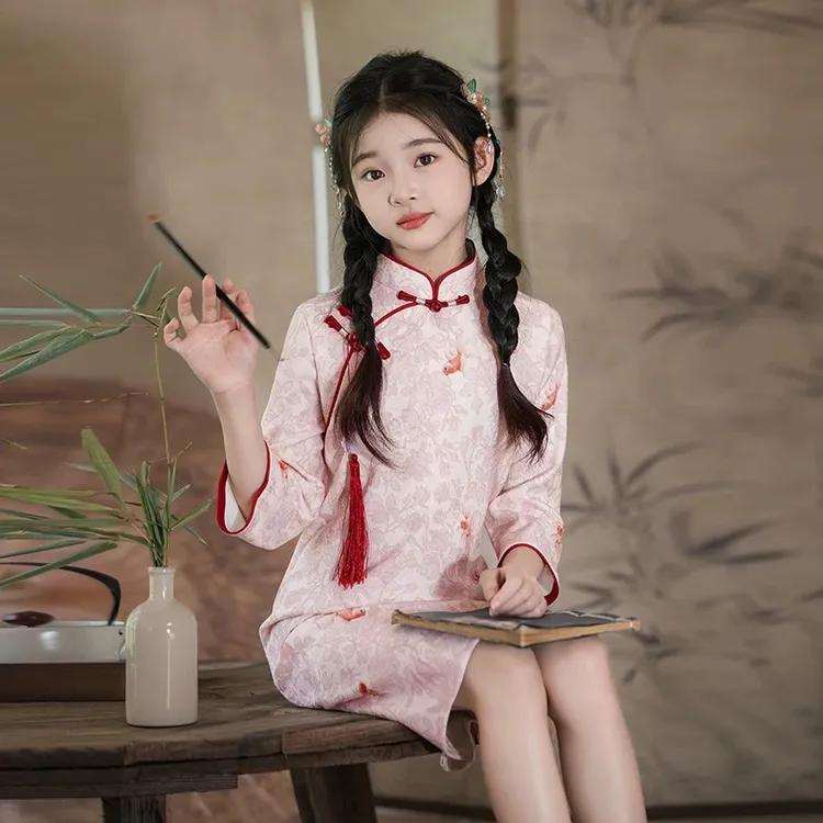 粉色女童旗袍锦鲤日常可穿小女孩甜美洋气超好看连衣裙国风新中式