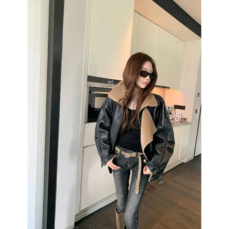 【纽约时报】高级黑色皮毛一体机车外套女夹克