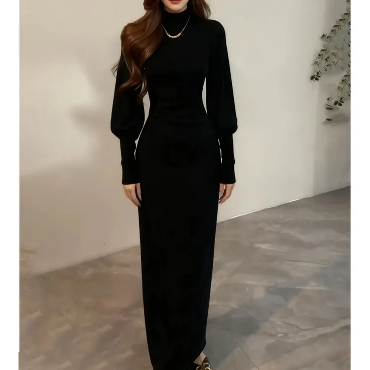 秋冬打底款半高领民族风长款连衣裙黑色裙子灯笼袖时尚气质包臀裙