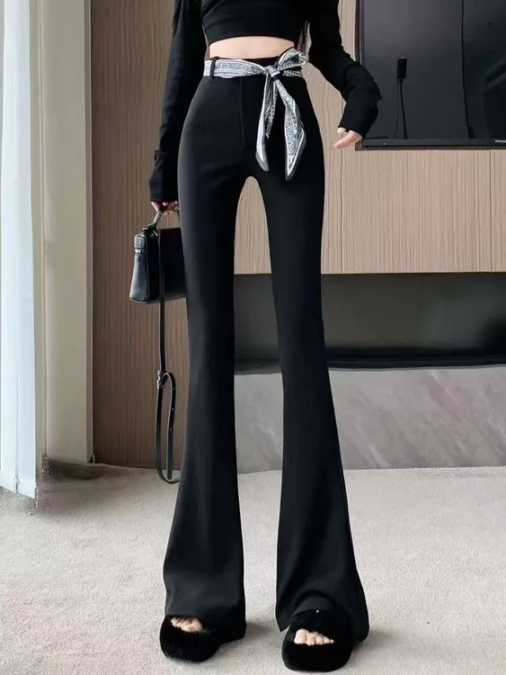 【送丝巾】加绒加厚马蹄西装裤女秋冬季绑带高腰微喇裤修身长裤