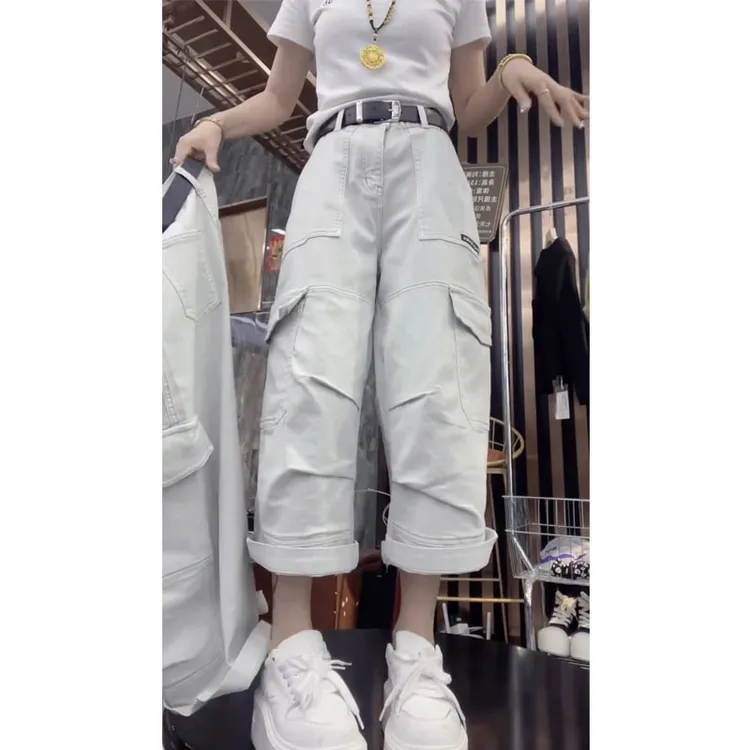 艾塔莉白色宽松时尚牛仔裤女春夏新款小众九分裤大码阔腿裤小个子