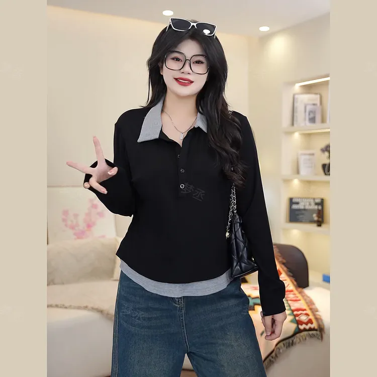 梦丞-胖mm秋季大码女装时尚polo领撞色显瘦假两件长袖针织上衣女