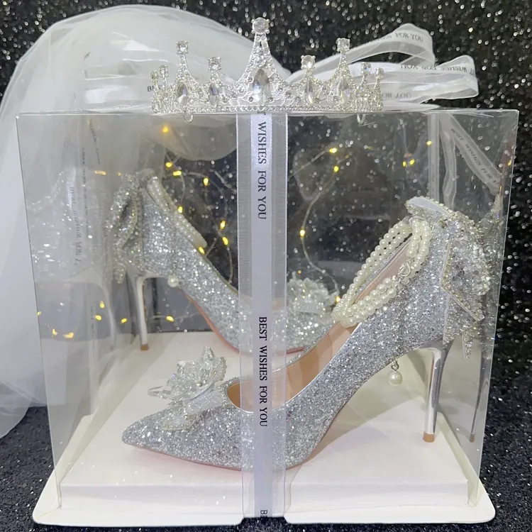 婚鞋秀禾婚纱两穿玻璃花水晶新娘高跟鞋宴会法式结婚高级感不累脚