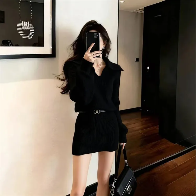 INS CEC秋冬特别漂亮掐腰小裙子气质高级感针织修身连衣裙女打底