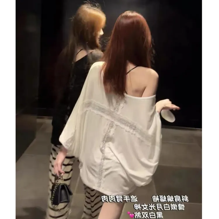 【白尾纸鸢】宽松慵懒蝙蝠袖气质姐姐蕾丝拼接 凉感冰皮空调罩衫